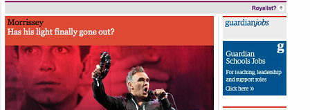 © Guardian Ausschnitt aus der Guardian-Website mit Morrissey-Bild und Überschrift "Has his light finally gone out?"